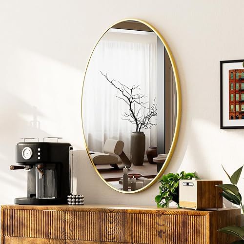 Miniatura 8 de Espejo de baño ovalado, dorado de 26 x 38 pulgadas, espejo de pared moderno para dormitorio, sala de estar, horizontal o vertical