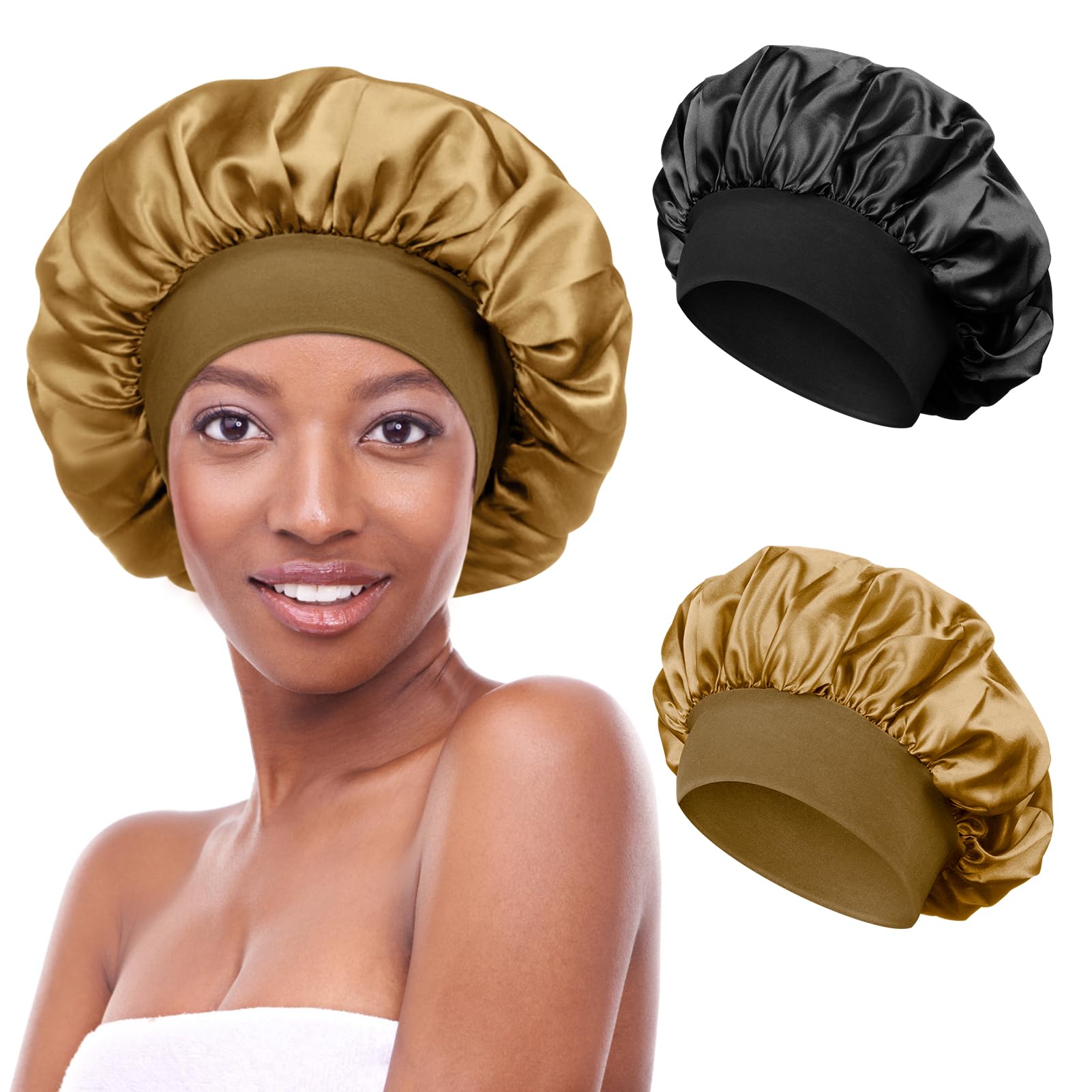 Kiiwah 2 Stück Schlafmütze Satin Bonnet Nacht Schlaf Mütze Verstellbare Schlafkappe Kopfbedeckung Weiche Kopfhaube Schlafhaube Seide mit Gummizug für Damen und Mädchen