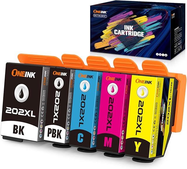 ONEINK 5Pack 202xl Replacement Ink Cartridge for Epson 202 202xl Kiwi Multipack, Premium High Yield 202xl Cartridge for Expression Premium XP-6100 XP-6105 XP-6000 XP-6005 XP-6001 Printer