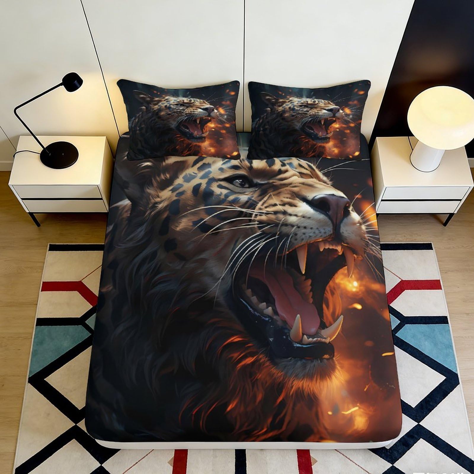 3D Printed Fierce Tiger Fitted Sheet Microfiber Soft Breathable Wild Animal Mattress Cover for Bedroom Dorm Decor 140x200x25cm