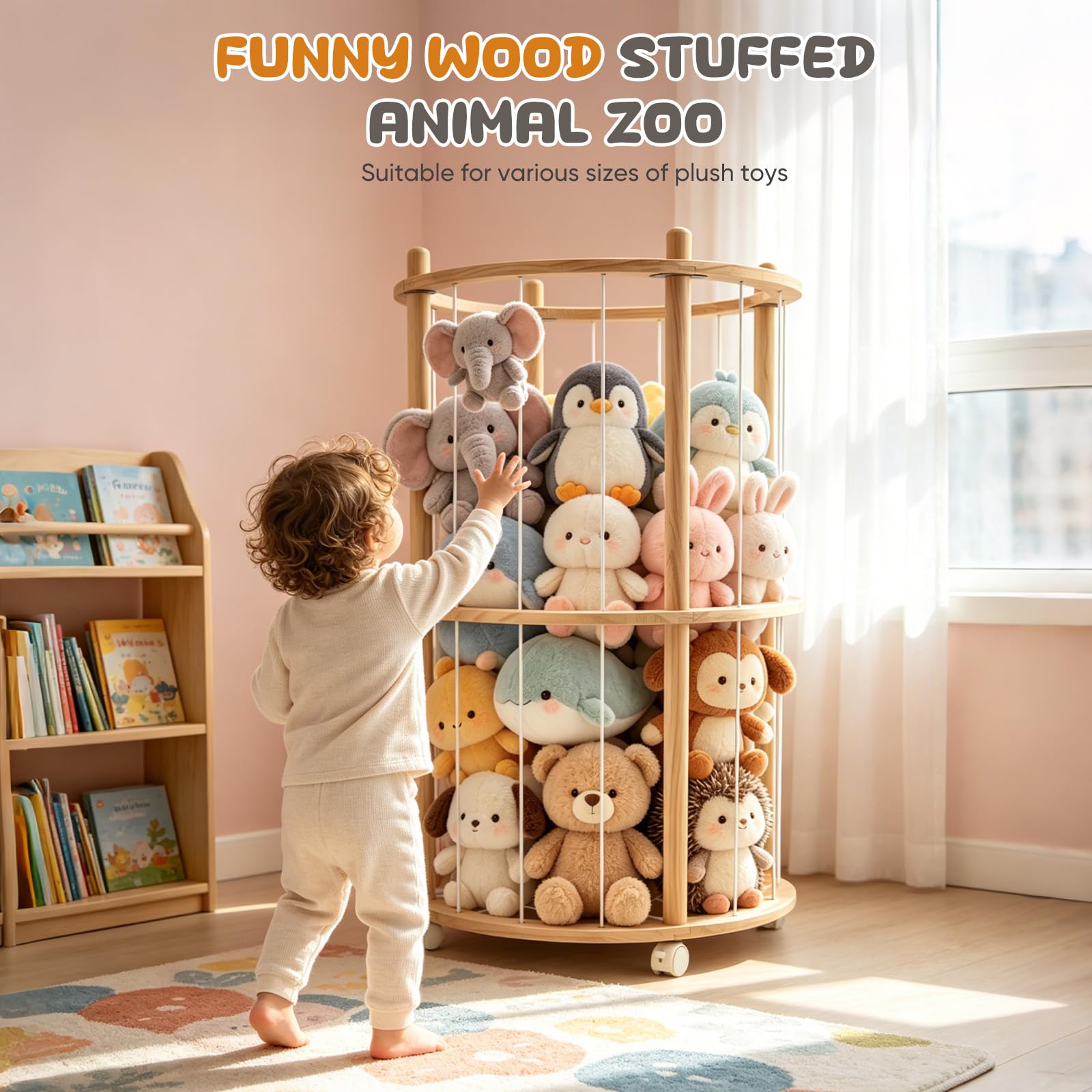 Holz Kuscheltier Aufbewahrung, Stofftier Aufbewahrung Mit 360°Bremse-Ausgestattete Räder, Zweistufig Plüschtier Lagerung für Spielzimmer, Kinderzimmer, Schlafzimmer, Kinderzimmer (95*51 cm)