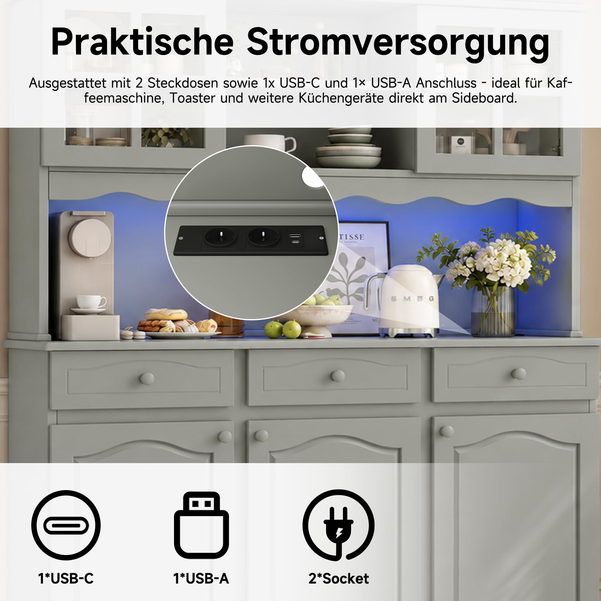 Kebnor Armadietto alto per buffet, sala da pranzo, 135 x 40 x 185 cm, spazio di archiviazione multilivello, presa integrata e porte USB-C e USB-A, strisce LED colorate, grigio verde