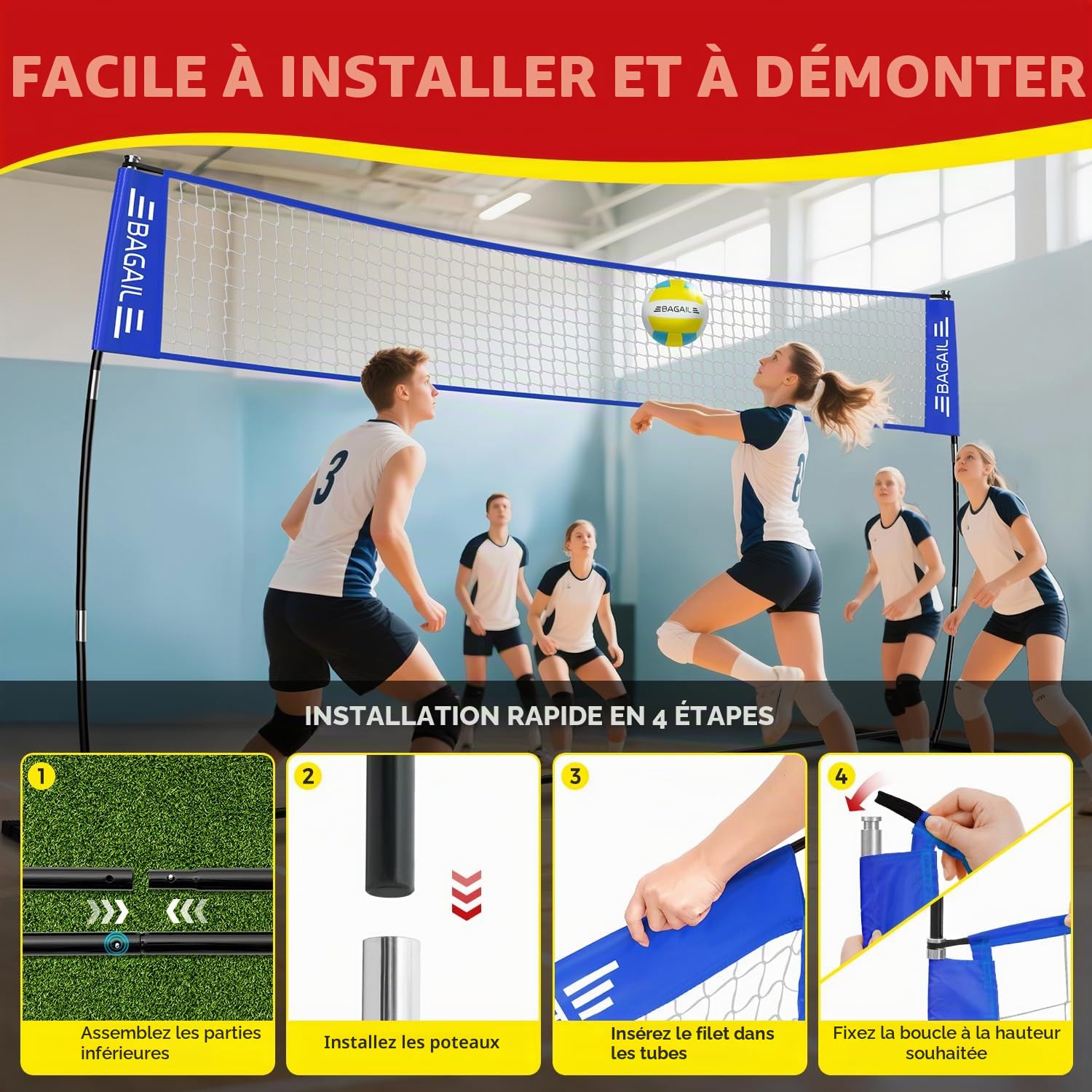 BAGAIL Filet de Volley-Ball, Portable pour Le Jardin | Hauteur Réglable, Cadre Robuste, Conception Autoportante - Set de Volley-ball, avec Sac de Transpor