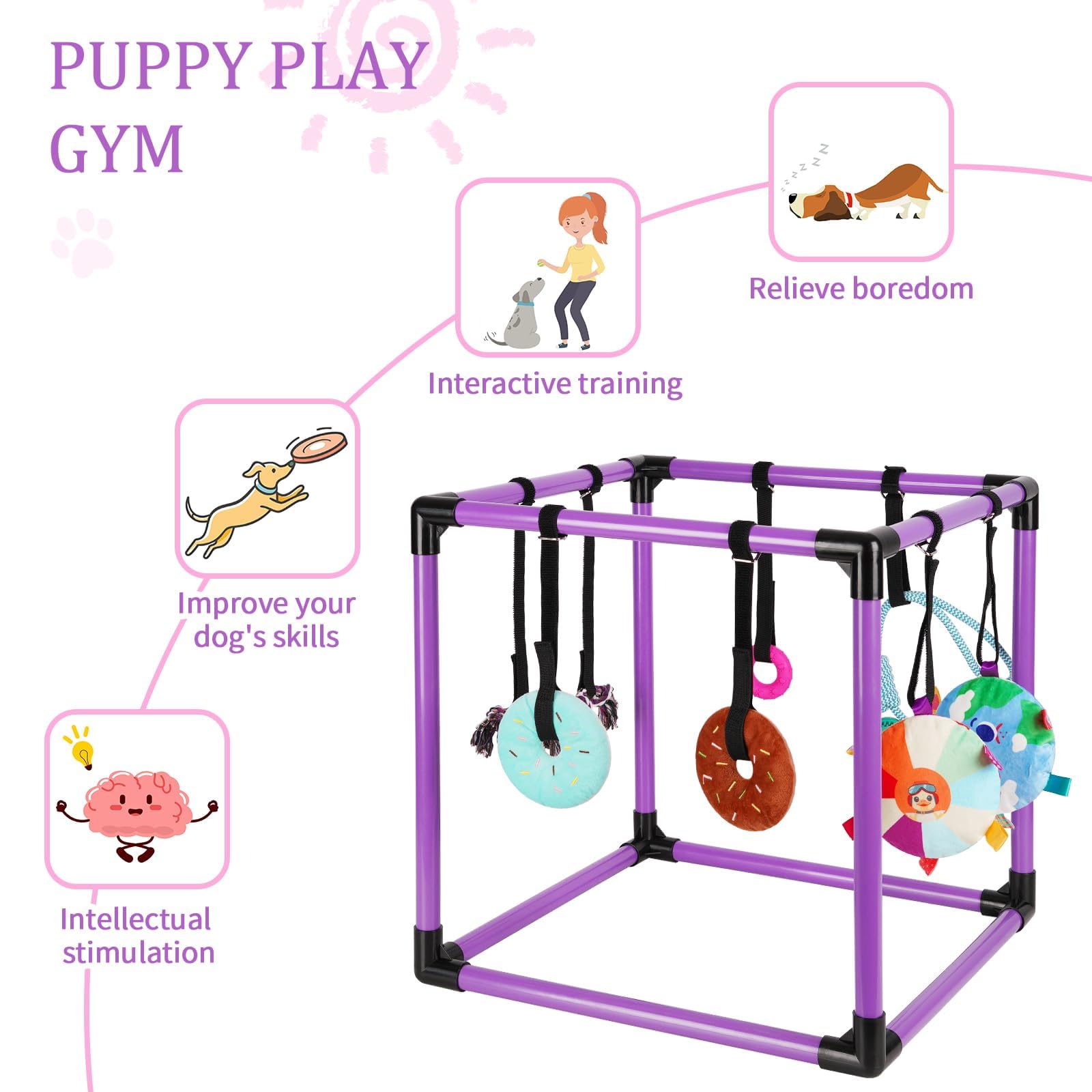 Liitrton Gimnasio de Juego para Cachorros – Gimnasio de Juego para Perros pequeños con 8 Juguetes Colgantes, Gimnasio Interior de la Selva con Juguetes interactivos de enriquecimiento para Perros | Marco de PVC de 19.5 x 19.5 x 19.5 pulgadas, gimnasio int