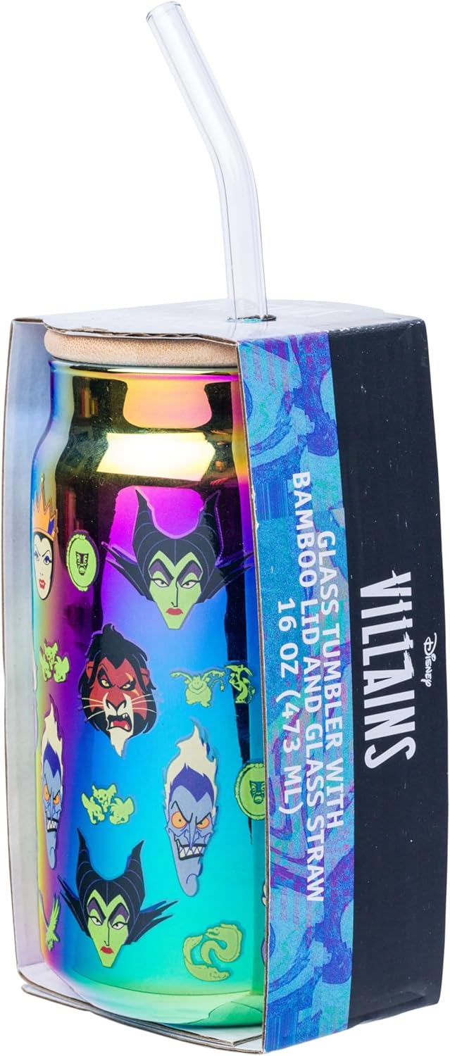 Silver Buffalo Disney Villains Electroplate Chrome Glass Tumbler with Bamboo Lid and Glass Straw Featuring Scar, Maleficent, Ursula, Evil Queen, and Hades, 16 Ounces - Image 6
