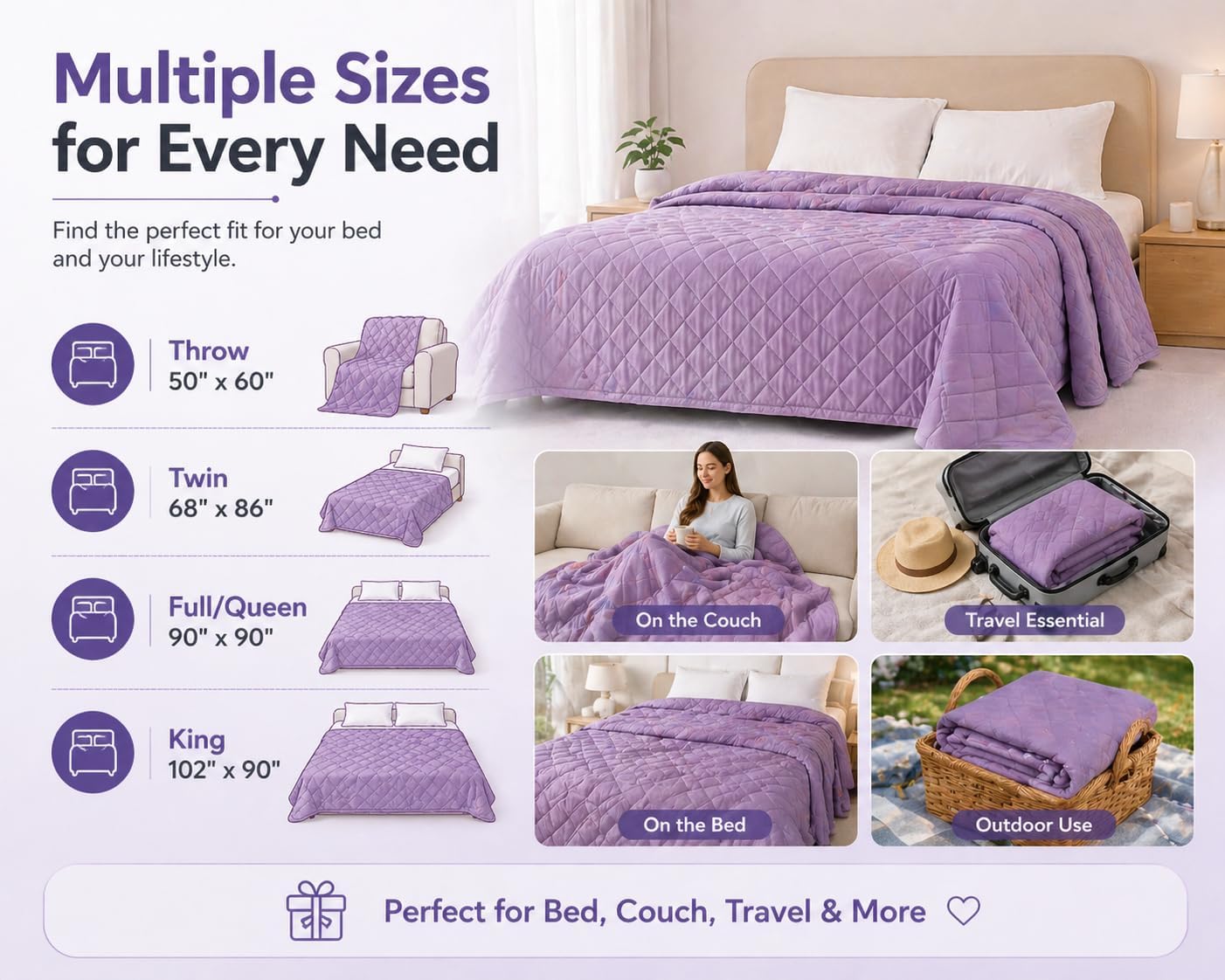 EVOLIVE Cooling Quilt, Diamond Quilted Elastane Lightweight Comforter, Reversible Breathable Soft All Season Bedspread with Elastane (Purple, Full/Queen)