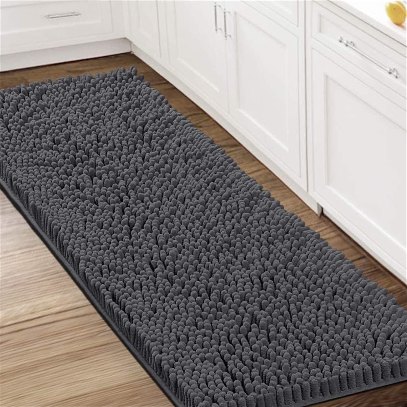 Tapis de salle de bain antidérapant chenille doux et absent à poils longs lavable pour baignoire et douche, gris, 150 x 50,8 cm