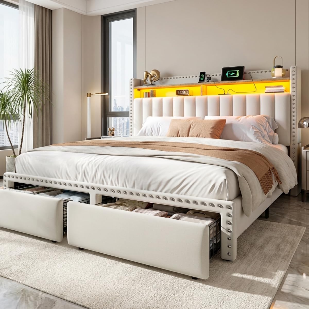 EnHomee Queen Bed Frame with 2 Storage Drawers, Upholstered Queen Platform Bed with LED Lights and Charging Station, Sturdy Wooden Slats Support, No