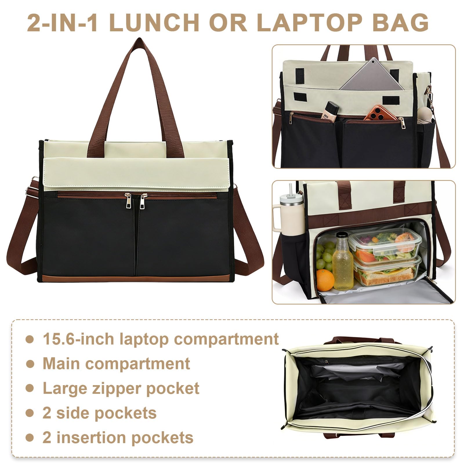 Borsa per il pranzo da donna 2 in 1, borsa da lavoro con scomparto per il pranzo isolato, borsa per computer portatile da 15,6 pollici, impermeabile, grande borsa per il pranzo per ufficio