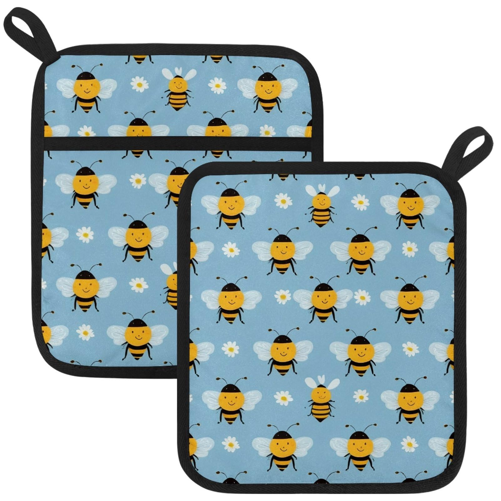 VAPOKF Bee Daisy Pot Holders with Pocket for Kitchen Heat Resistant Potholders Large Polyester-Cotton Square Oven Mitts Set