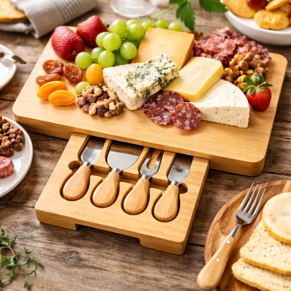 HomeZone Plateau à fromage en bambou avec couteau et plateau de service avec tiroir coulissant à couverts et tiroir de cuisine, cadeau divertissant