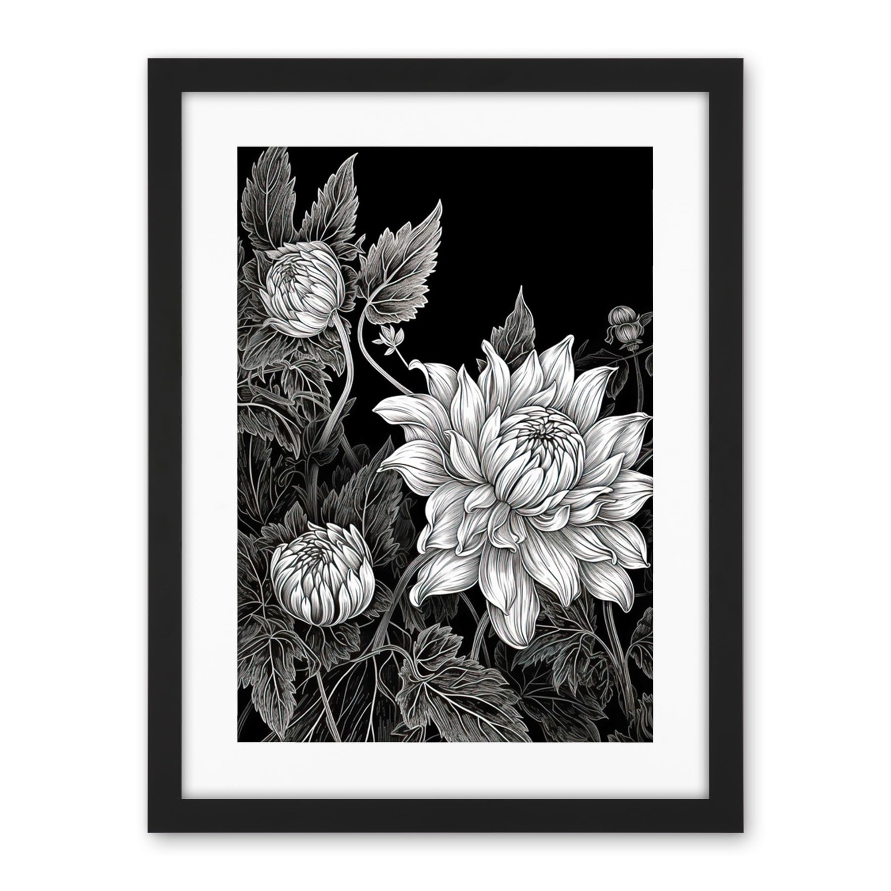 Artery8 Detailed Black and White Dahlia Flower Blooms Artwork Framed Wall Art Print 18X24 Inch