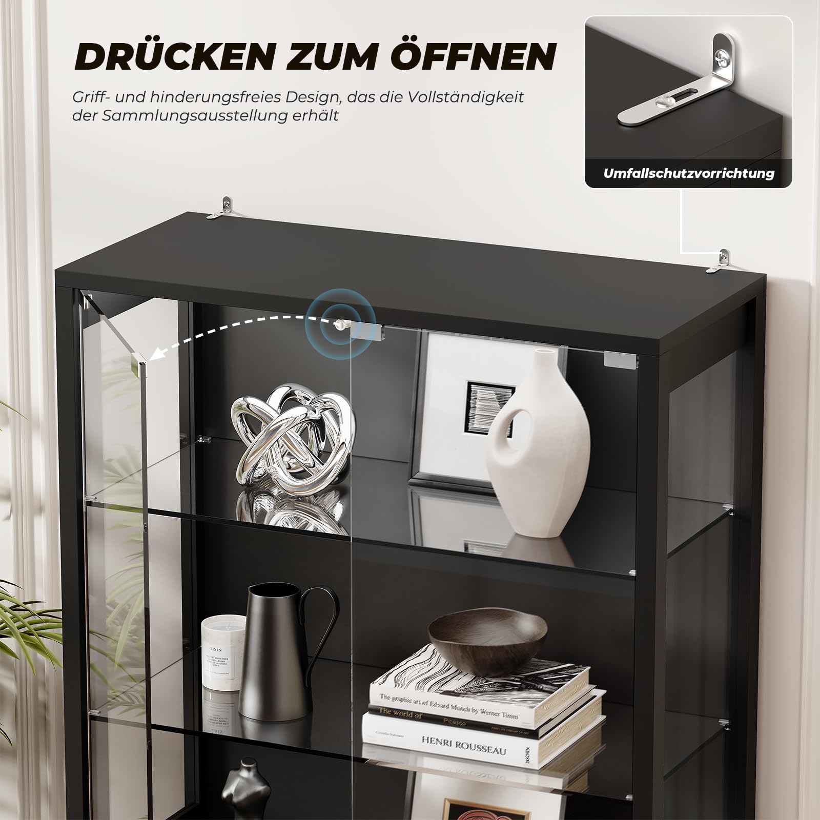 BROTTAR Vitrine mit Glastür, 6-stufige 180cm Vitrine mit 3 Farblichten für Sammlerstücke, Vitrine mit verstellbaren Glasträgern, Körperkensorsensor, Aufbewahrungsschränke, Schwarz