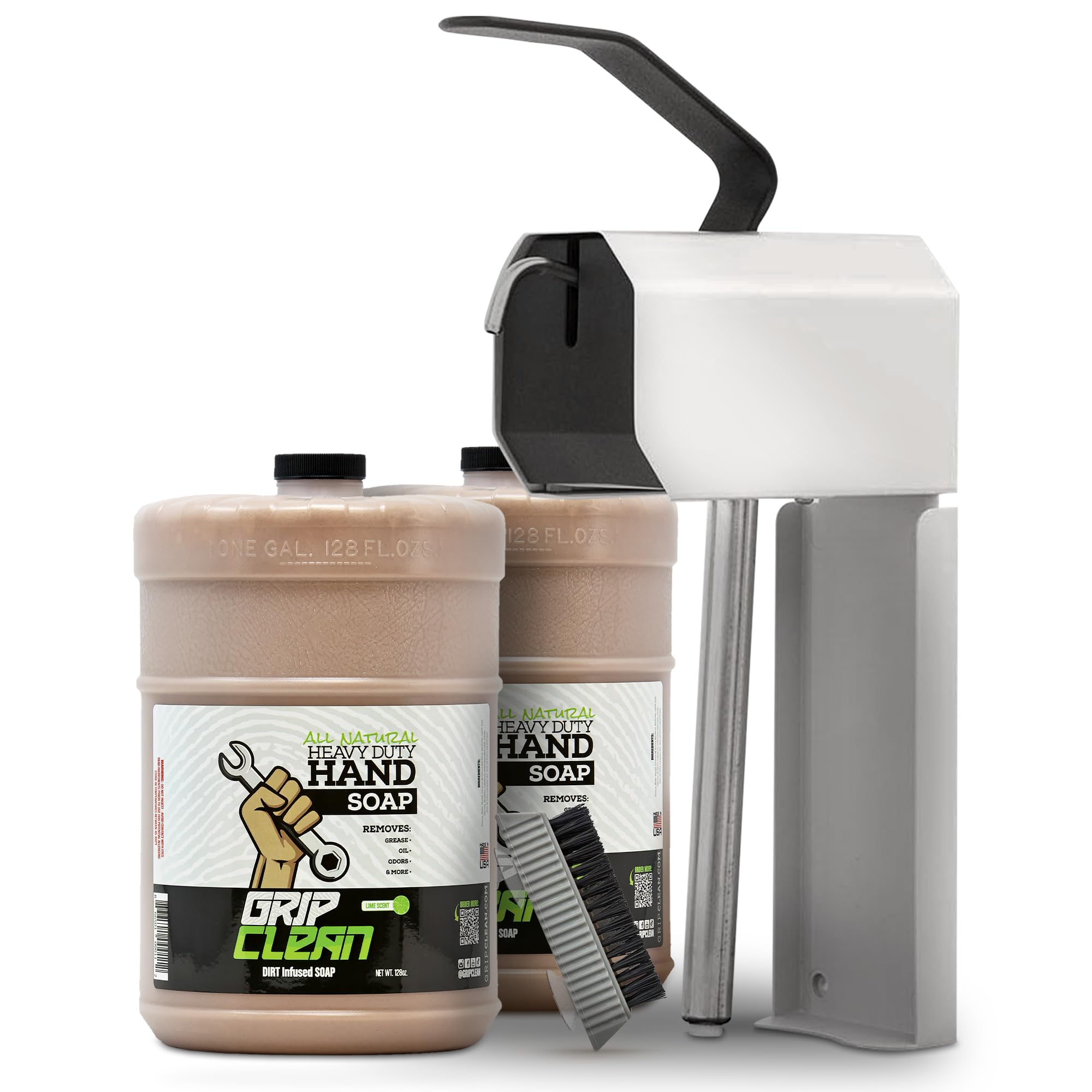 Grip Clean 4 Pk Combo – Hand Cleaner for Mechanics with Wall-Mounted Soap Dispenser + 2 Gallons Heavy-Duty Liquid Pumice Hand Soap, Natural Clay & Coconut Oil for Auto Mechanics, Industrial, & Garage
