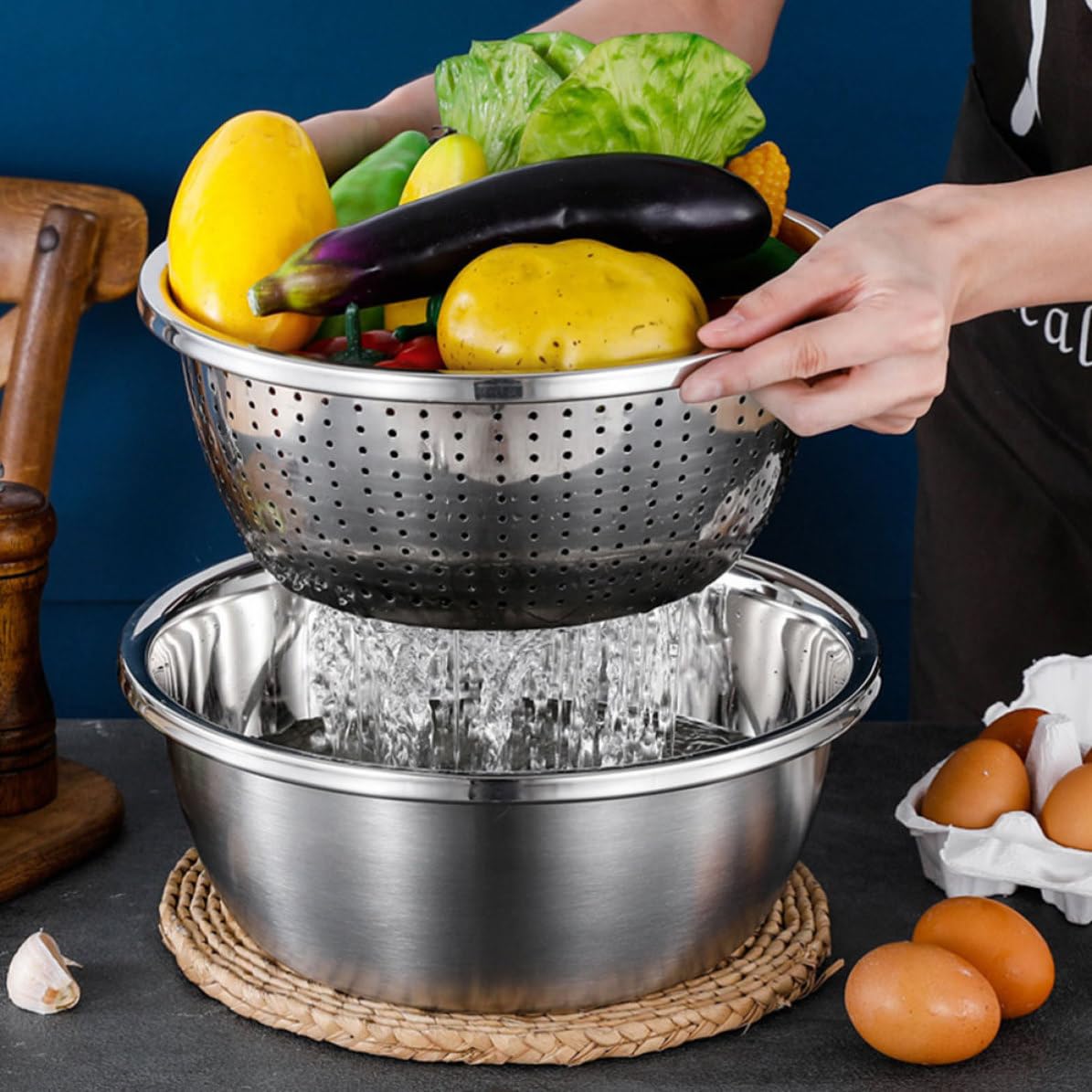 Juego de Colador Multifunción de Acero Inoxidable, 2 Piezas | Plata, para Frutas y Verduras en Cocina, Lavado de Arroz y Rallado Vegetal