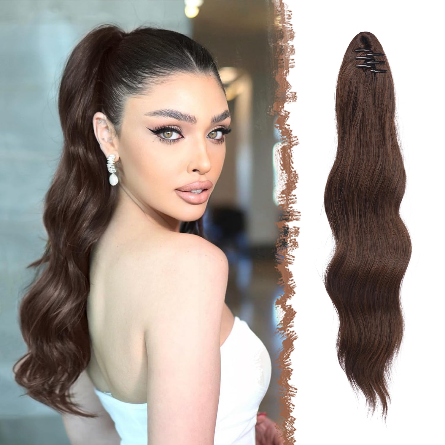 FESHFEN Pferdeschwanz Extensions Klammer, 50 cm Hair Extensions Zopf Lang Haarteil Clip Gewellt Schokoladenbraun Haarverlängerung für Frauen