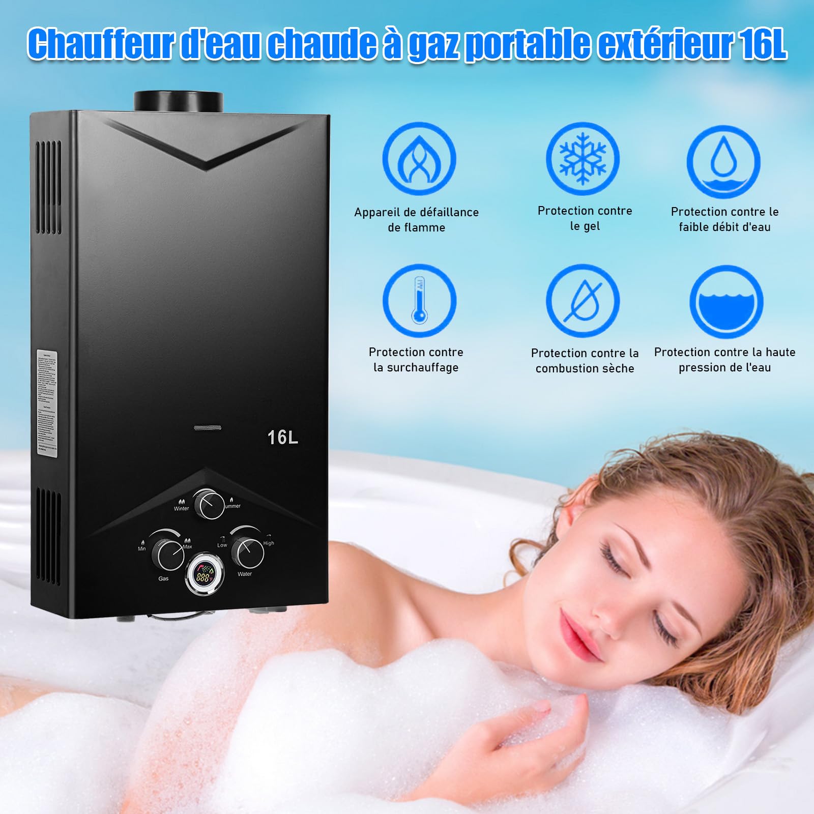 Chauffe-Eau à Gaz 16L Portable avec Affichage Numérique | Chauffe-Eau Instantané au Gaz Propane pour Camping, Douche Extérieure, Caravane et Intérieur | Chauffage d’Eau Sans Électricité