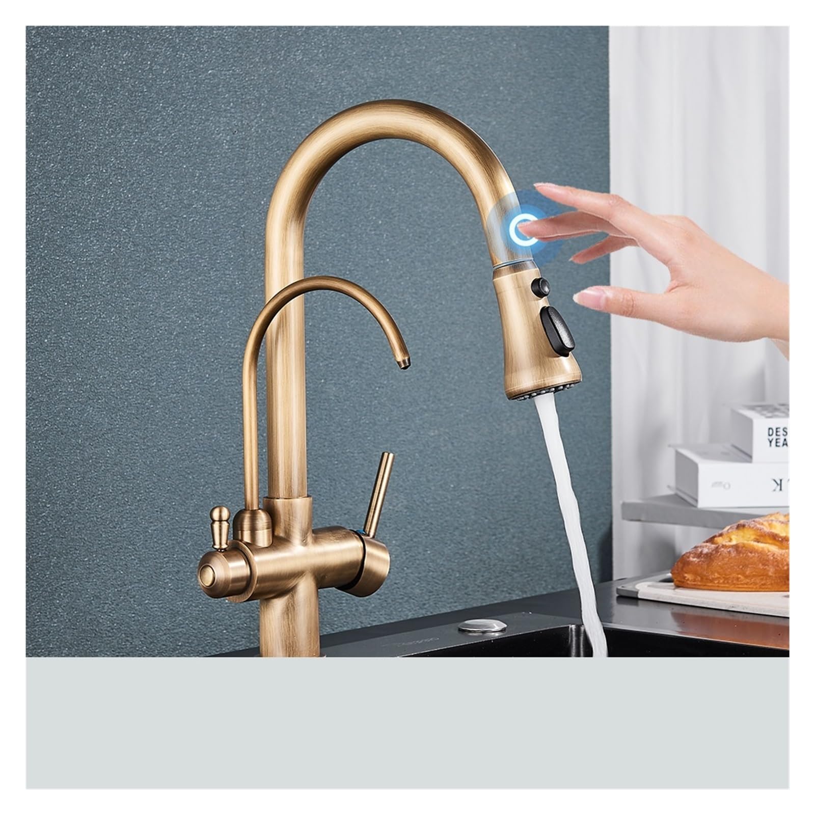 Capteur tactile eau filtrée robinet de cuisine noir double spray évier