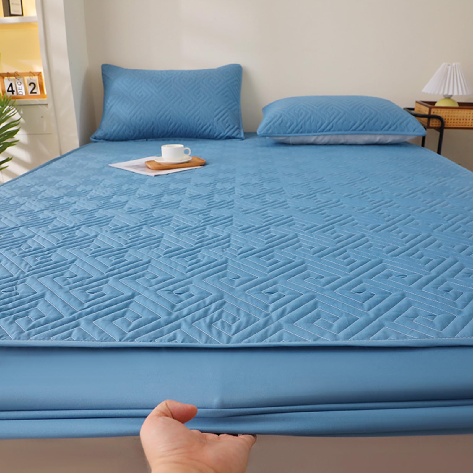 Sábana bajera ajustable impermeable con bolsillo profundo, transpirable, funda de colchón de cama (azul, 180 x 200 cm)