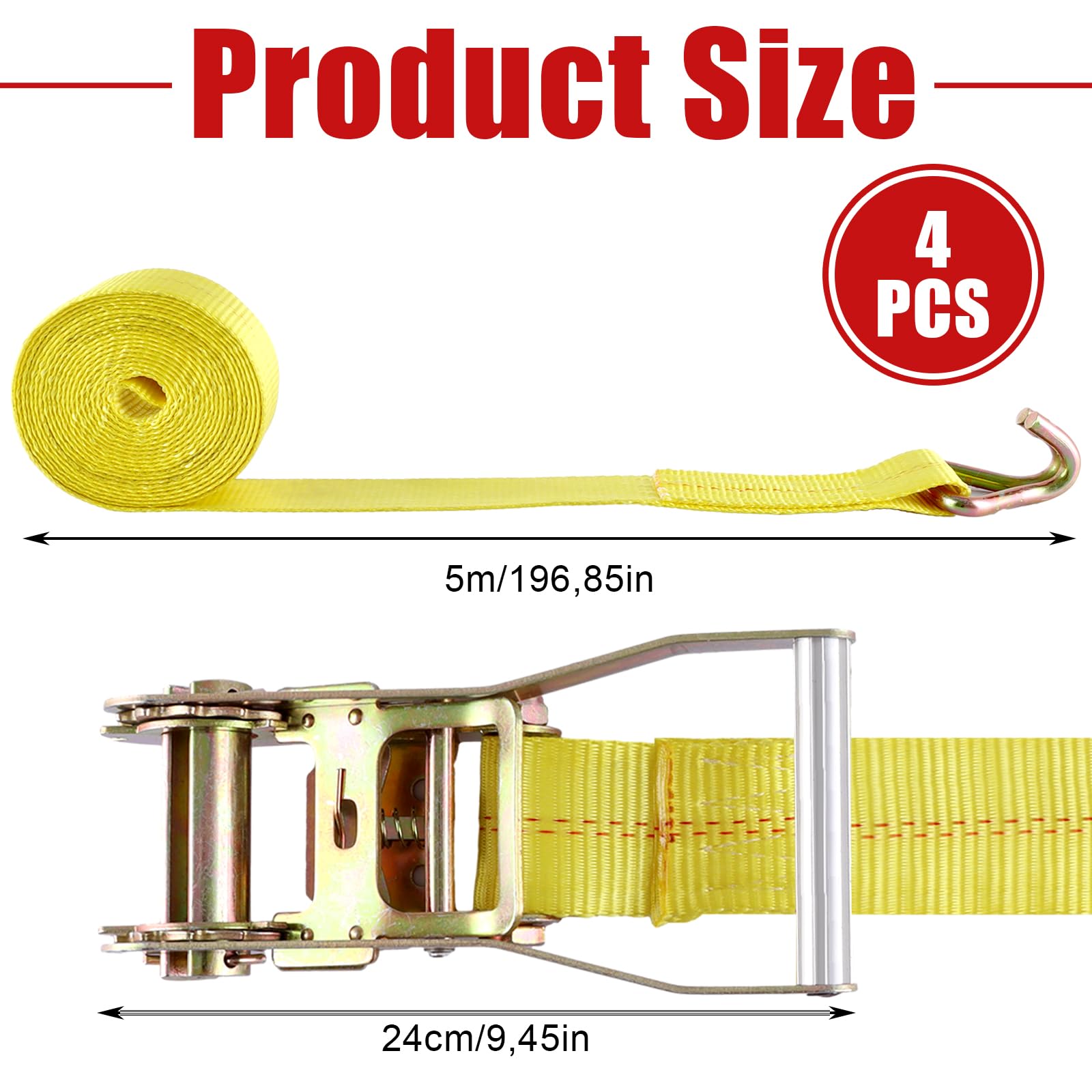 4 cinghie con cricchetto e gancio, 5 m, 50 mm, cinghie a cricchetto larghe, cinghie di fissaggio in due pezzi, carico pesante 4000 kg, colore giallo per fissaggio del carico, rimozione bagagli
