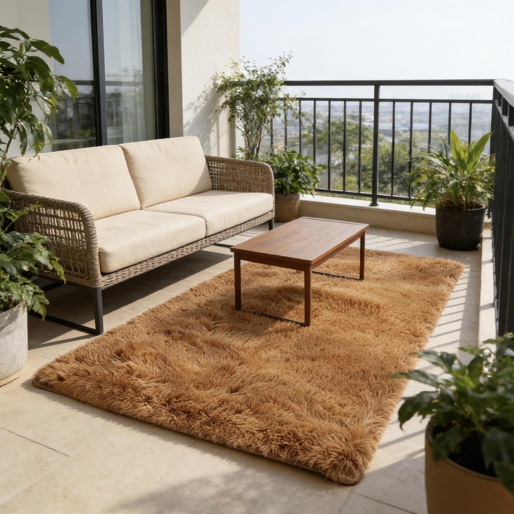 Tapis de chambre marron 267 x 290 cm grand format moelleux pour salon moderne