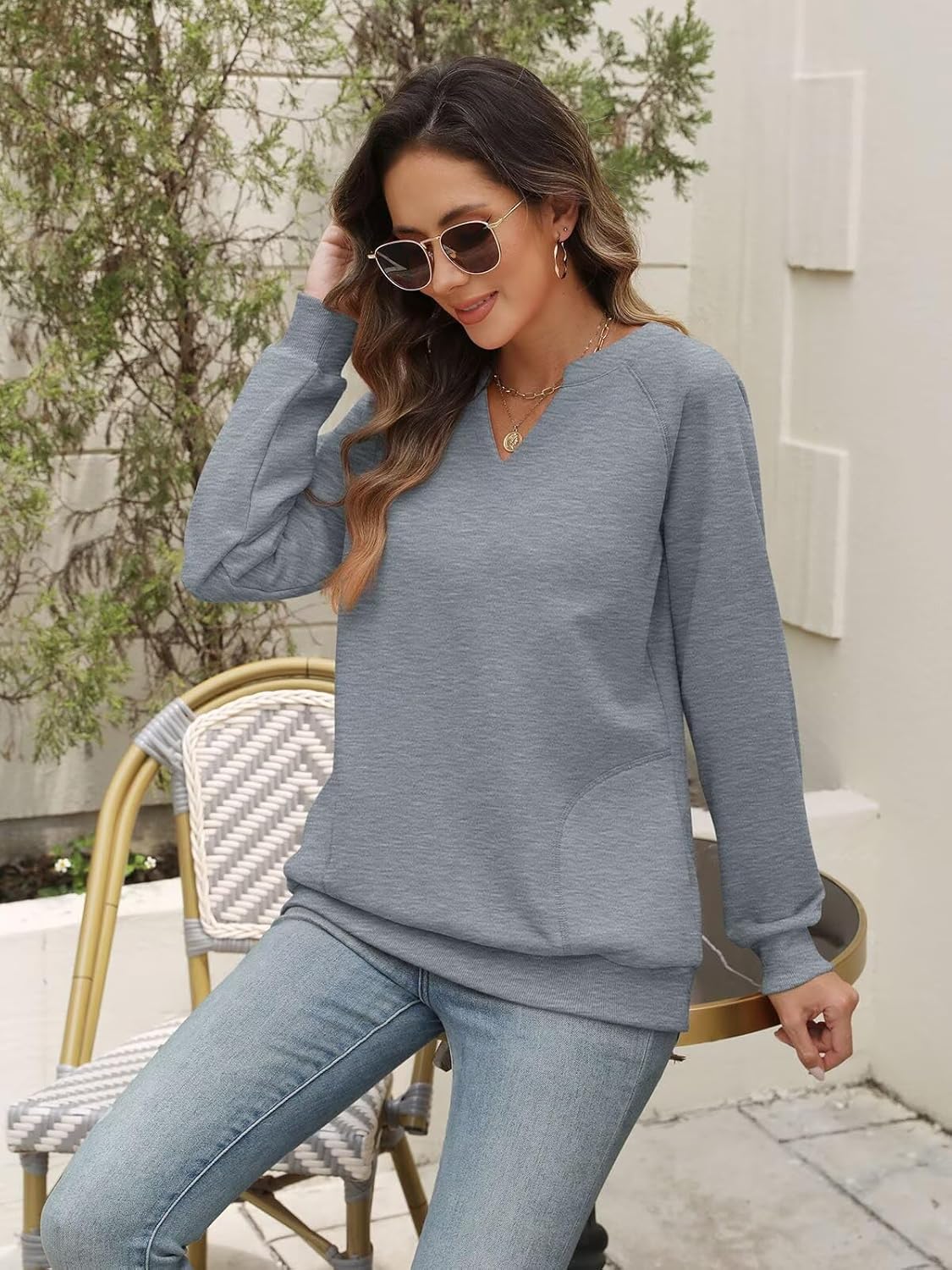 EADINVE Womens Casual Sweatshirts Long Sleeve V Neck Fleece Pullover Side With Pocket Cute Loose Fit Fall Tops 2025 - Image 5