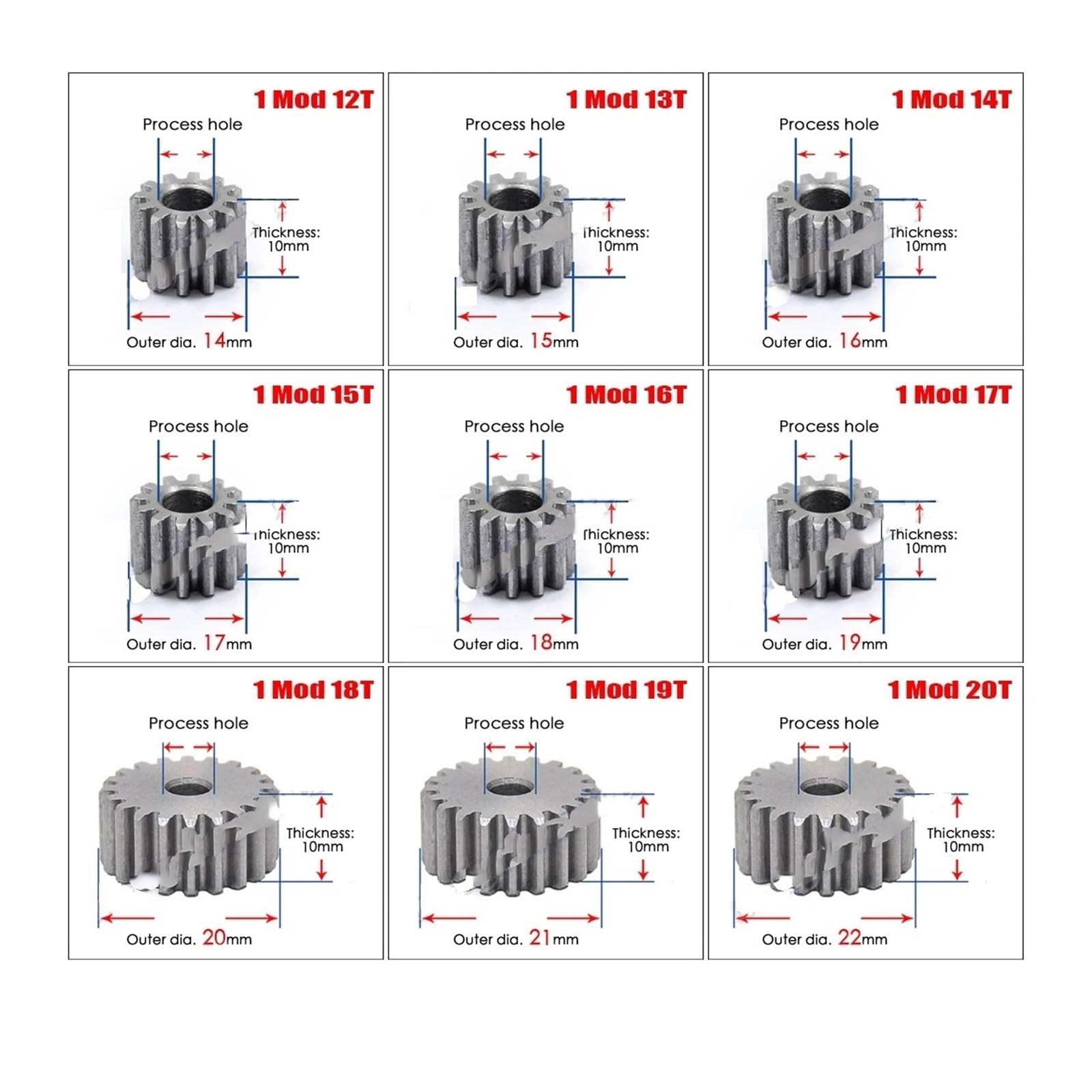 Bevel Gear Pinion Hardware Mechanical 12T 13T 14T 15T 16T 17T 18T 19T 20T Mod 1 Spur Gear Transmission Gear Thickness 10mm 45# Steel Pinion Gear(20 Teeth)