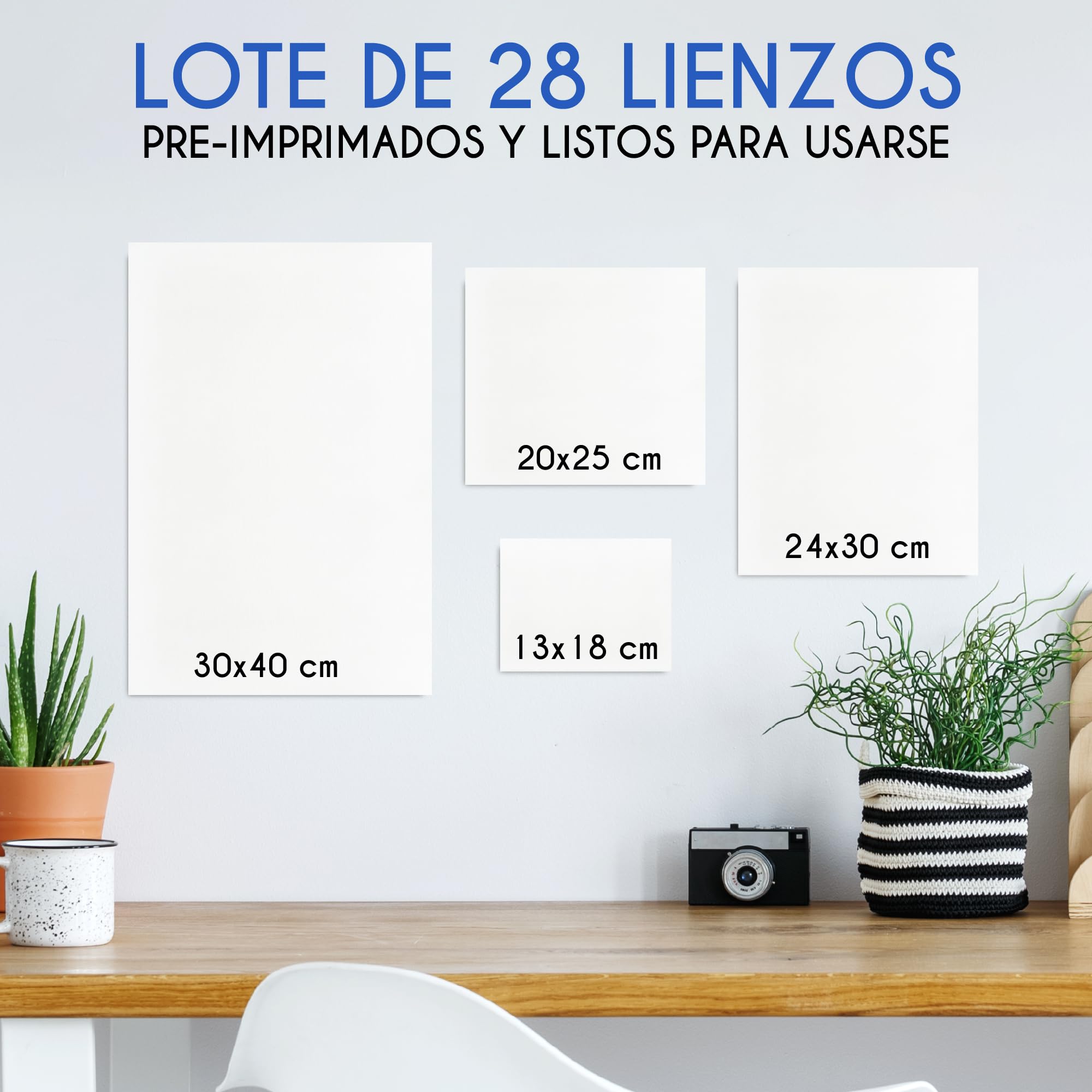 Set de 28 Canvas Telas - Lienzos para Pintar de Varios Tamaños - 13x18, 20x25, 24x30, 30x40 - Algodón sin Ácidos - Todos los tipos de Pintura sobre Lienzos