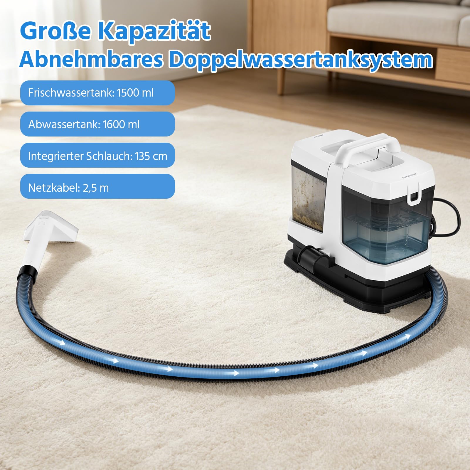 Limpiador de alfombras, aspiradora húmeda, limpiador de tapicería, máquina de limpieza interior, 18 kPa, fuerte succión, 600 W, aspiradora para alfombras, tapicería de asientos de coche (negro)