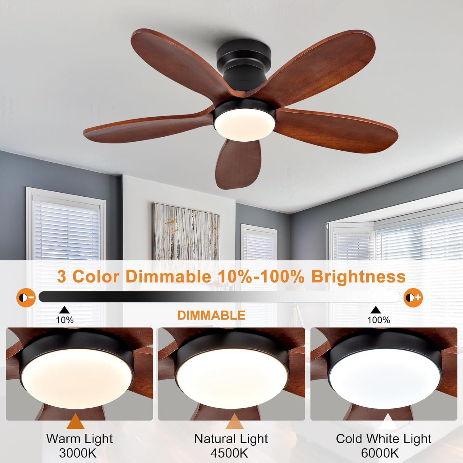 36 Inch Flush Mount Ceiling Fans with Lights and Remote, Dimmable, Wall Switch, 5 Blades Wood Ceiling Fan with Light, Low Profile Outdoor Indoor Modern Ceiling Fan for Bedroom Patio