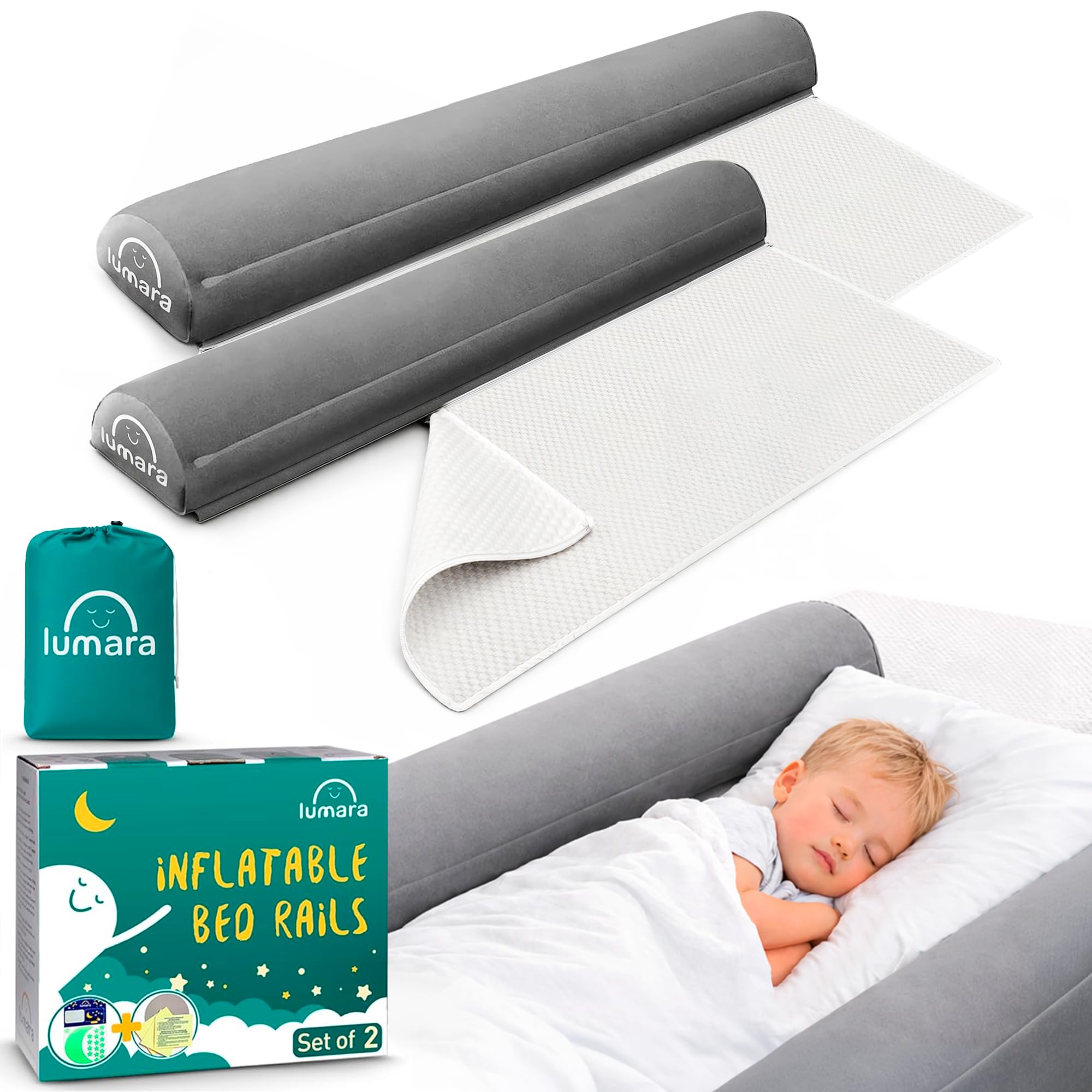 lumara inflatable bed rail for toddlers 2 pack - portable travel bed bumpers for kids fits twin full queen king size beds - non-slip safety guard rails