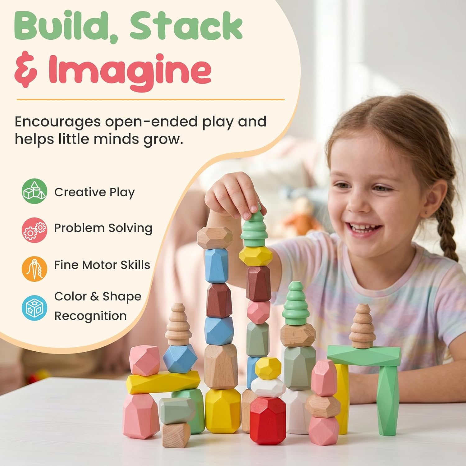 WOODENFUN Wooden Stacking Rocks Stones Building Blocks Sensory Toddler Toys image 4