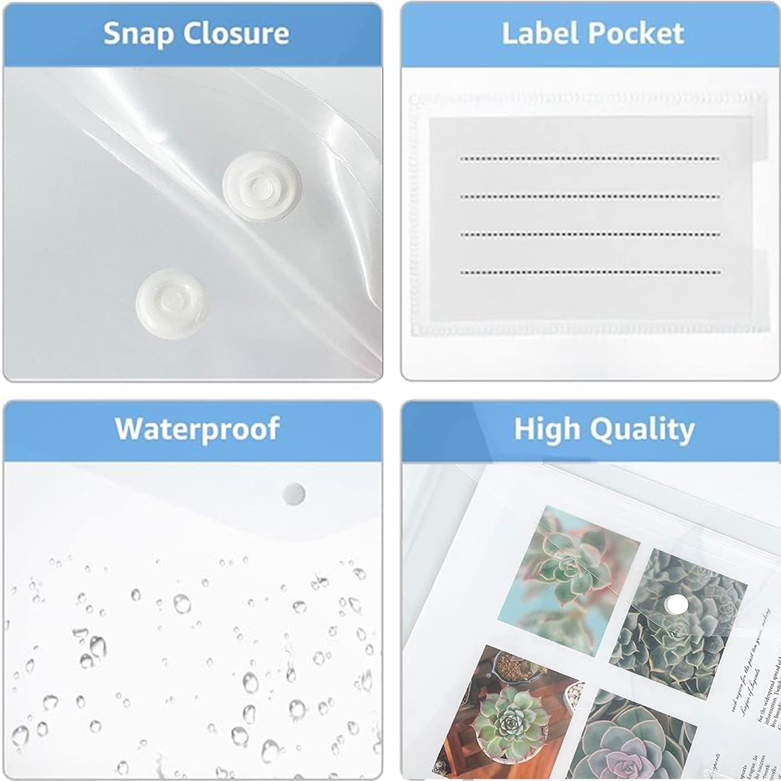 16 Pack Plastic Wallets A4 File Folders Plastic Transparent Document Folder with Label Pocket Snap Button Clear Files Envelope Pockets for Family Office - Image 4