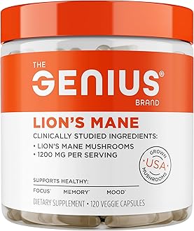 The Genius Brand Genius Lion's Mane - Plant-Based Supplement for Memory, Focus & Mood Support - Organic & Non-GMO - 120 Veggie Capsules