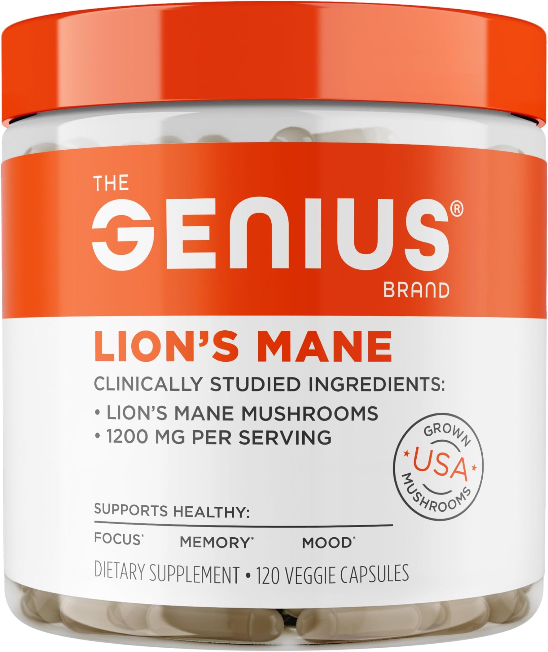 The Genius Brand Genius Lion's Mane - Plant-Based Supplement for Memory, Focus & Mood Support - Organic & Non-GMO - 120 Veggie Capsules