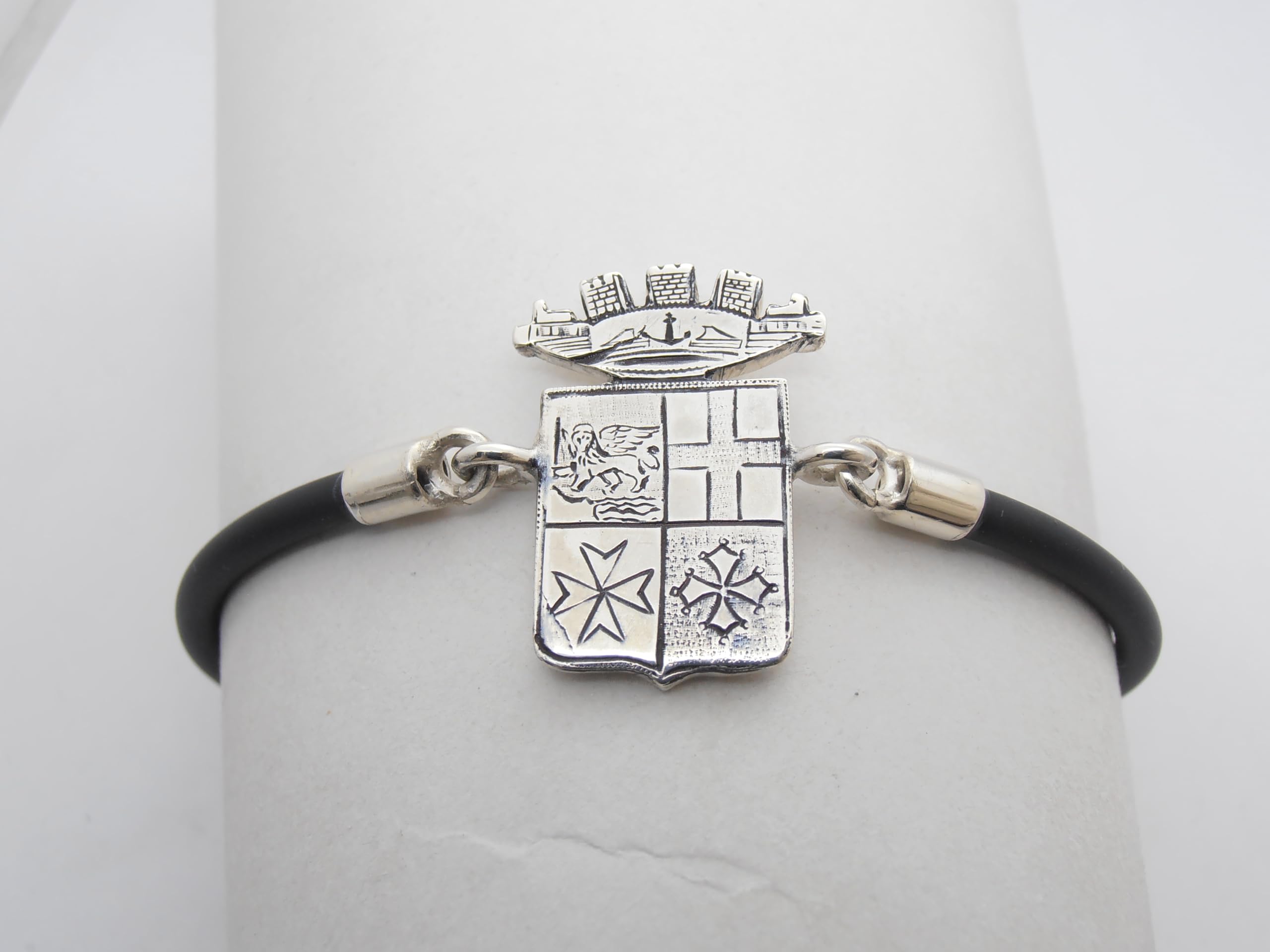 Marina Militare Italiana : Braccialetto in Argento 925 e Caucciù - Bracciale con lo Stemma - Fregio - Simbolo - Marinaio