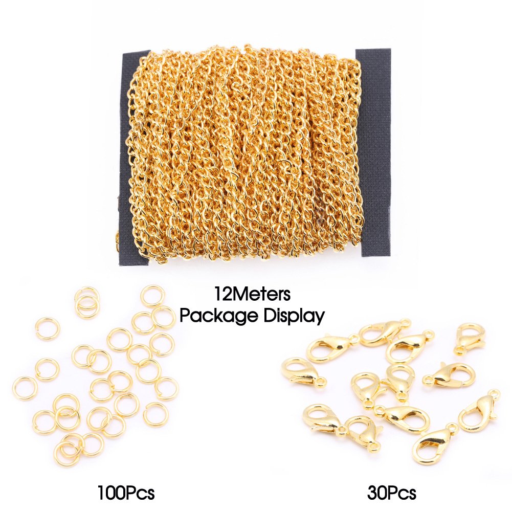 Chaîne De Collier De 5 M Avec 30 Fermoirs Mousquetons Et 60 Anneaux Ouverts Pour La Fabrication De Bijoux (4,5 Mm, Doré