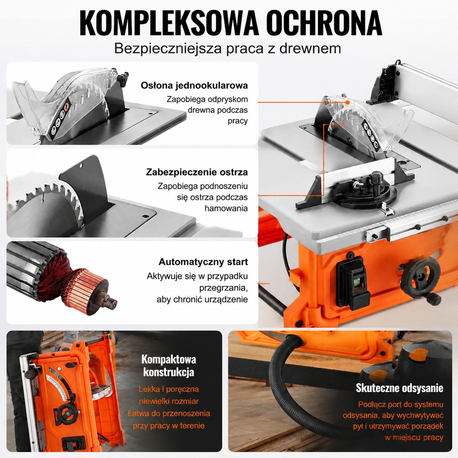 Piła stołowa 1800 W 4400 obr/min z prowadnicą równoległą, ogranicznikiem ukośnym, regulacją wysokości i nachylenia do stolarstwa garażowego