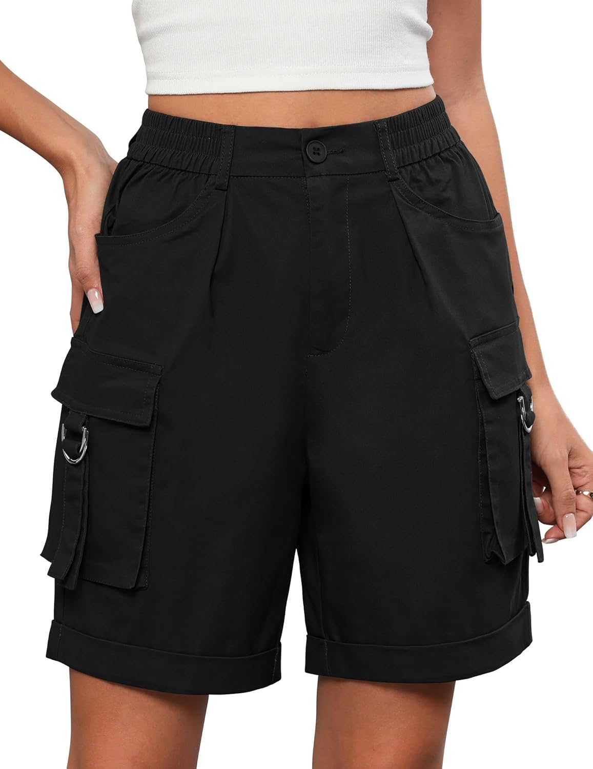 Bermuda Shorts for Women Cargo Cotton Shorts High Waist Knee Length 6 Pockets 2025 Summer Casual