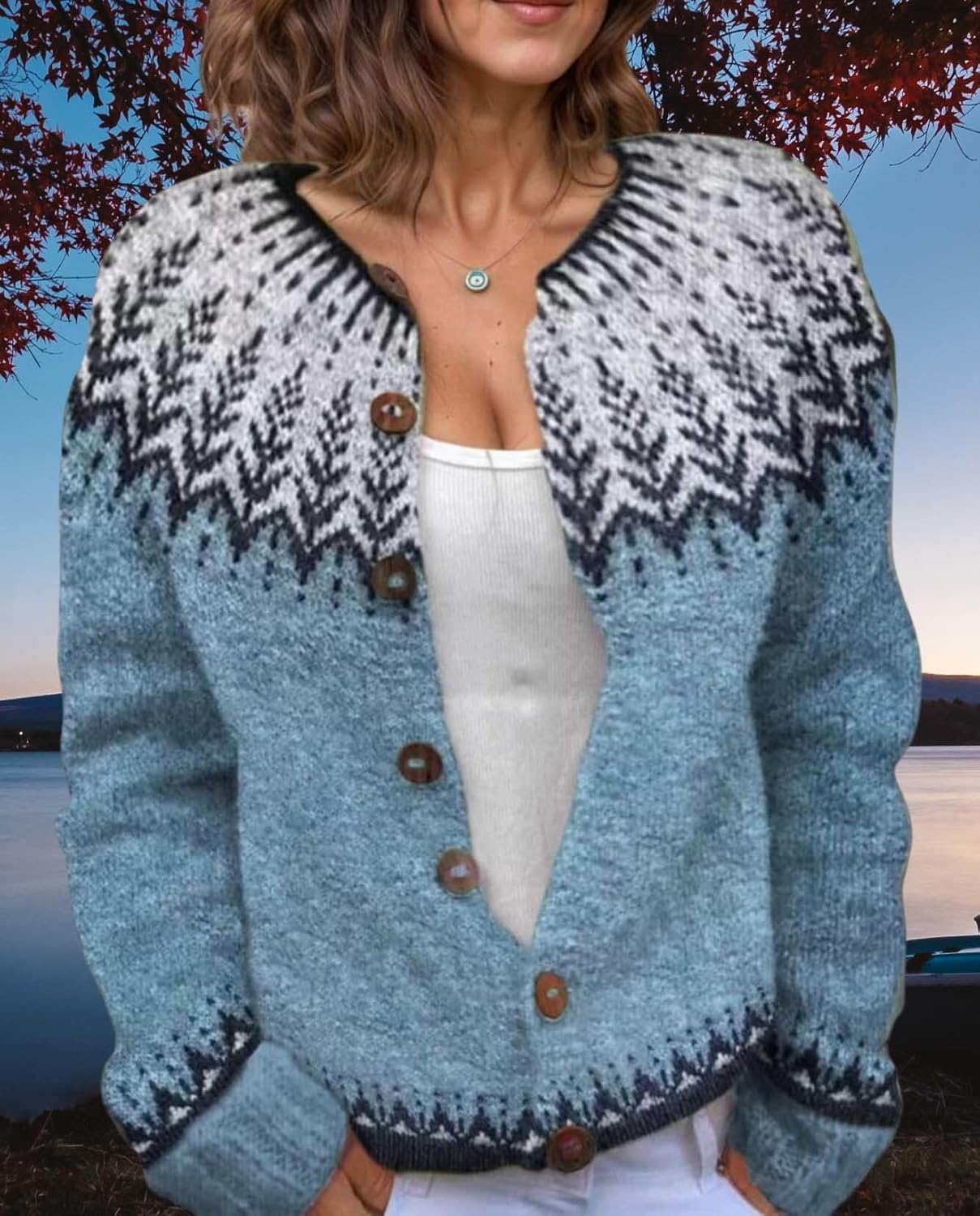 Women's Fair Isle Pattern Knit Cardigan Sweater Vintage Button Down Open Front Jacket Coat for Fall & Winter 2025 - Image 5