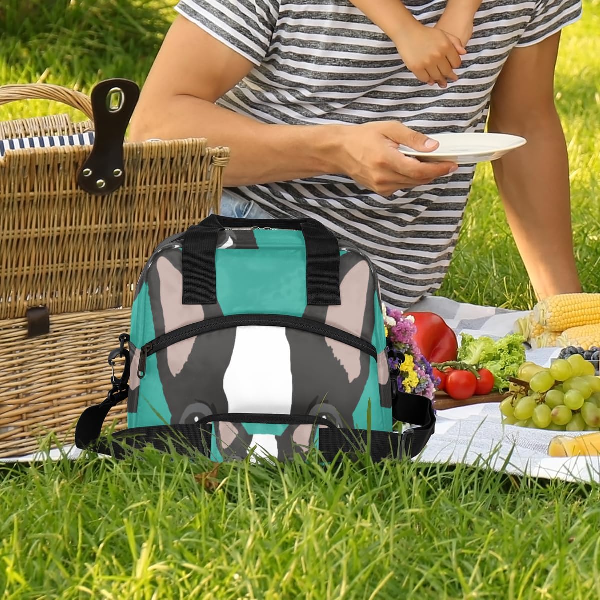 Cute Boston Terrier Dog Insulated Lunch Bag for Women Men, Reusable Lunch Box Container with Adjustable Shoulder Strap Large Leakproof Thermal Lunch Cooler Bag for Adult Work Picnic Office
