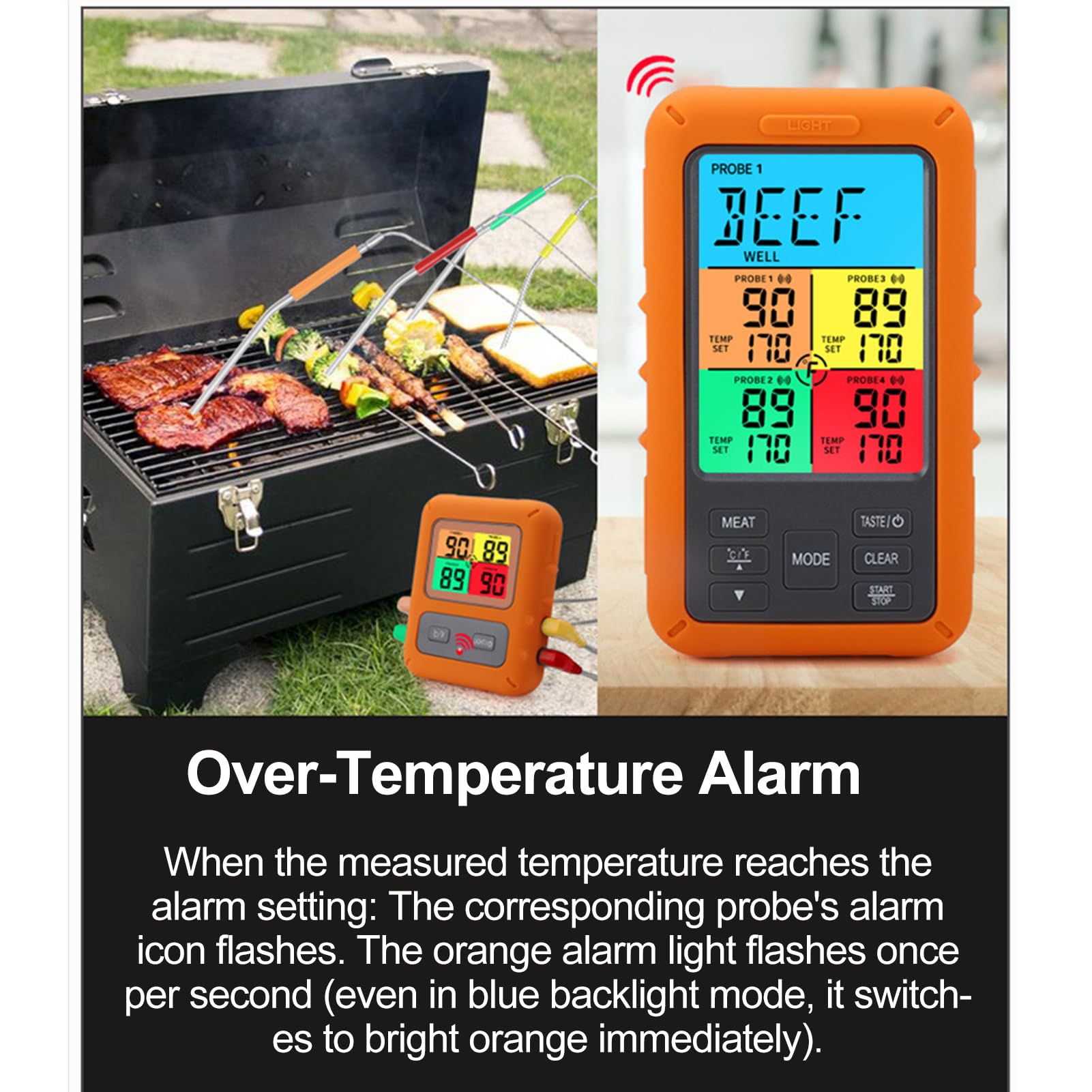 KUIDAMOS Fortschrittliches Kabelloses Fleischthermometer mit 4 Sonden für den Grill, Lebensmittelthermometer mit Farbdisplay, Intelligente Warnungen, Geeignet für Kochliebhaber Im Innen- und (Orange)