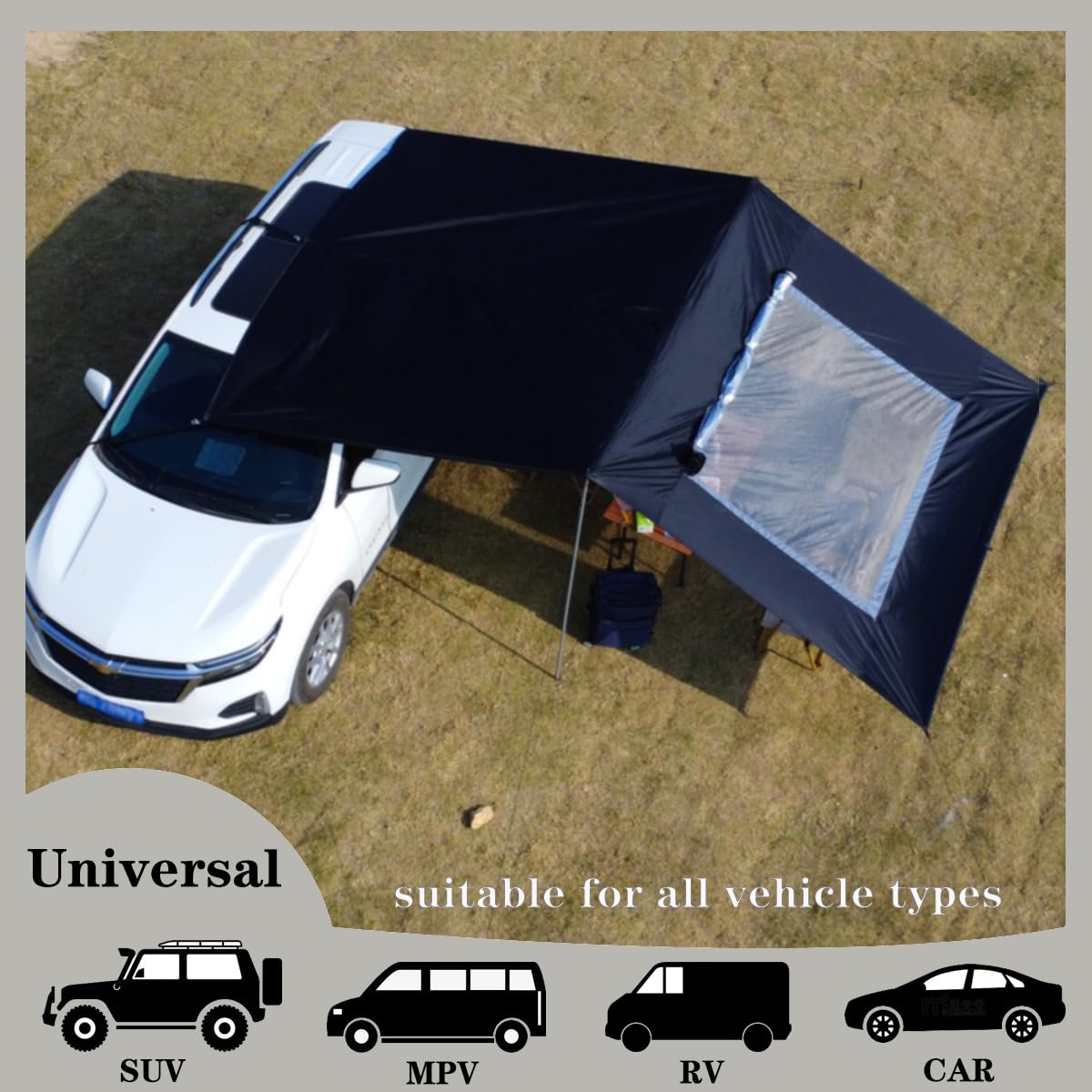 Tenda da Campeggio 3x5 per Van Caravan Portico Impermeabile e Antisole Abside Tende da Sole per Porta Posteriore Tarp da Campeggio con Palo (Nero, 3x5m)