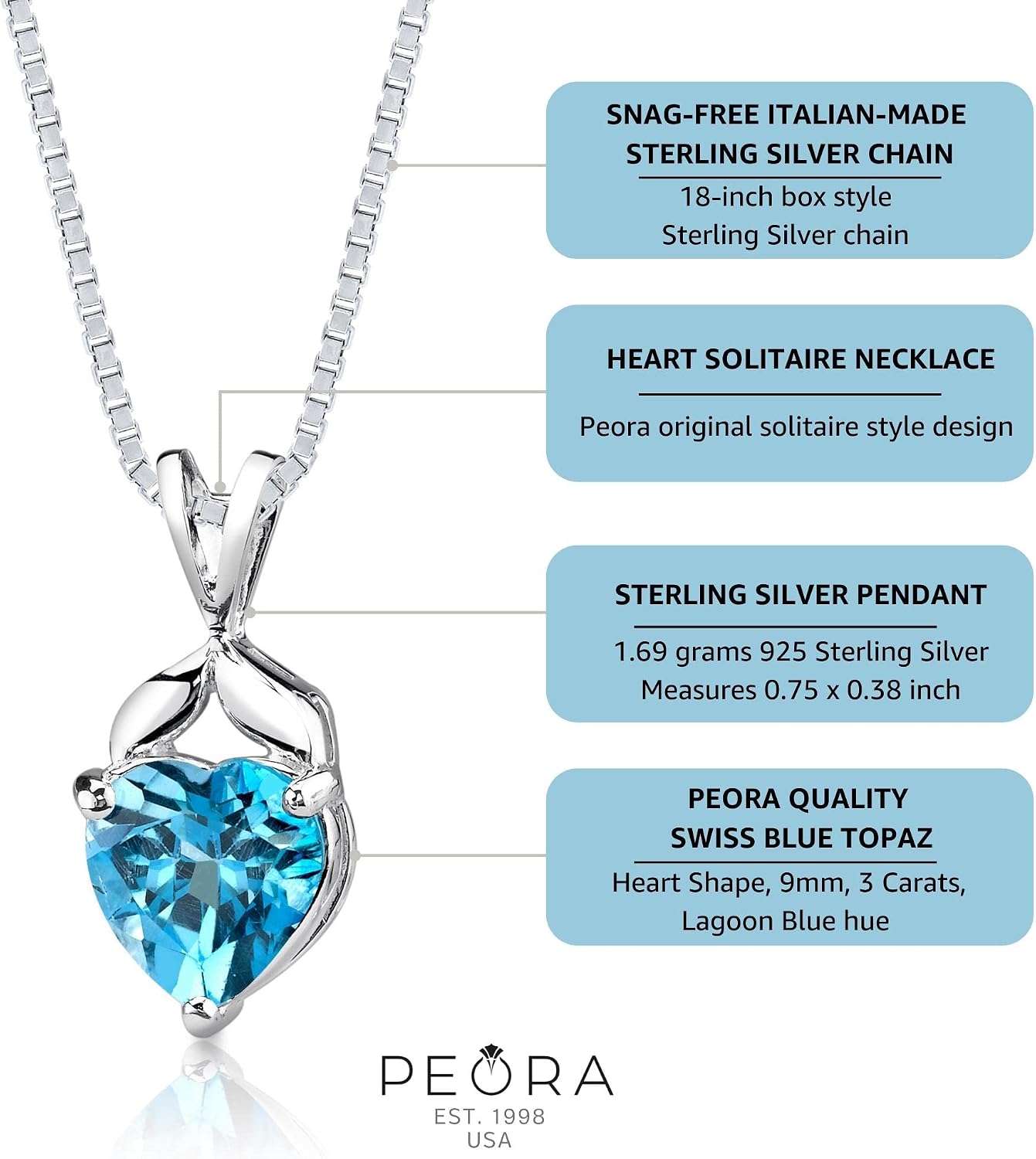 PEORA Swiss Blue Topaz Pendant Necklace for Women 925 Sterling Silver, Natural Gemstone, 3 Carats Heart Shape 9mm with 18 inch Chain, Blue Gemstone Necklace, December Birthstone, w/Jewelry Box