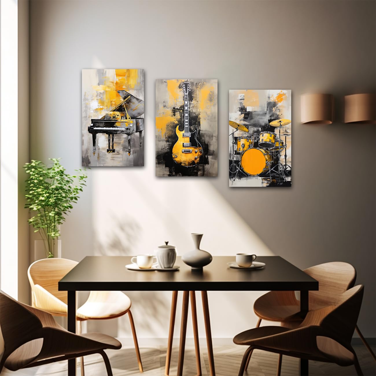 CXHOSTENT Musik Leinwand Wandbilder 3 Panel Klavier Gitarre Regal Trommel Kunstdrucke gelbe und graue Musik Poster abstrakte Musikinstrument Bilder (Music, 40.00 x 60.00 cms x 3PCS)