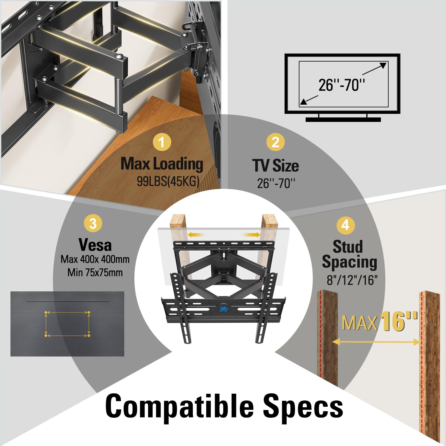 Montaje sueño md2380 TV Soporte de pared para la mayoría 26 – 55 inch LED, OLED, LCD y Plasma TV de pantalla plana, con giratorio de movimiento completo articulado doble armas, hasta Vesa 400 x 400 mm y 99 libras con inclinación