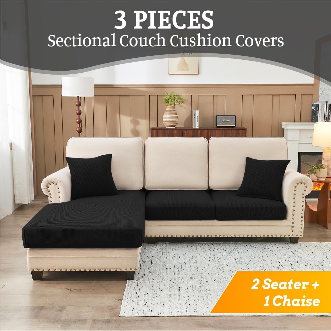 BT.WA Sectional Couch Covers for Sofa Cushion L Shaped Couch Cover Washable Soft Couch Cushion Covers Stretch Sofa Slipcovers with 2 Pcs Pillowcases(3-Piece 2 Seater + 1 Chaise, Black)