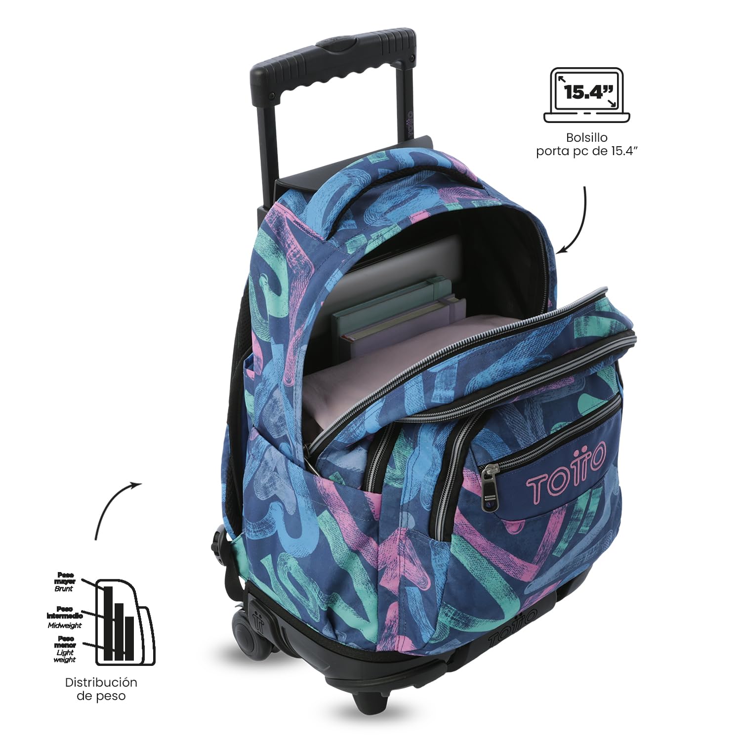TOTTO - Mochila Escolar con Ruedas, Modelo Renglones, Capacidad 26,21 Litros, Bolsillo para PC 14", Bolsillo Botella, Correas en S para Mayor Comodidad, Resistente, Estampado Roomin Azul