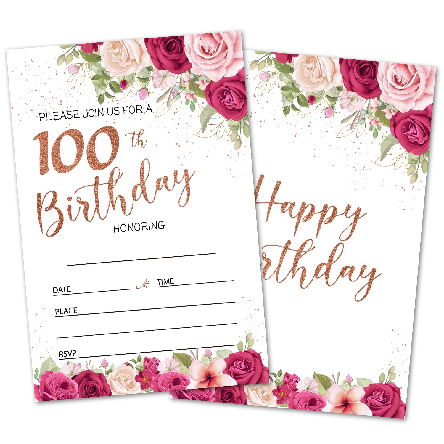 oayGnay 100th Birthday Party Invites Cards for Adults, 100 Years Old Birthday Invitations for Women Men, 20 Invitation Cards With Envelopes, Floral
