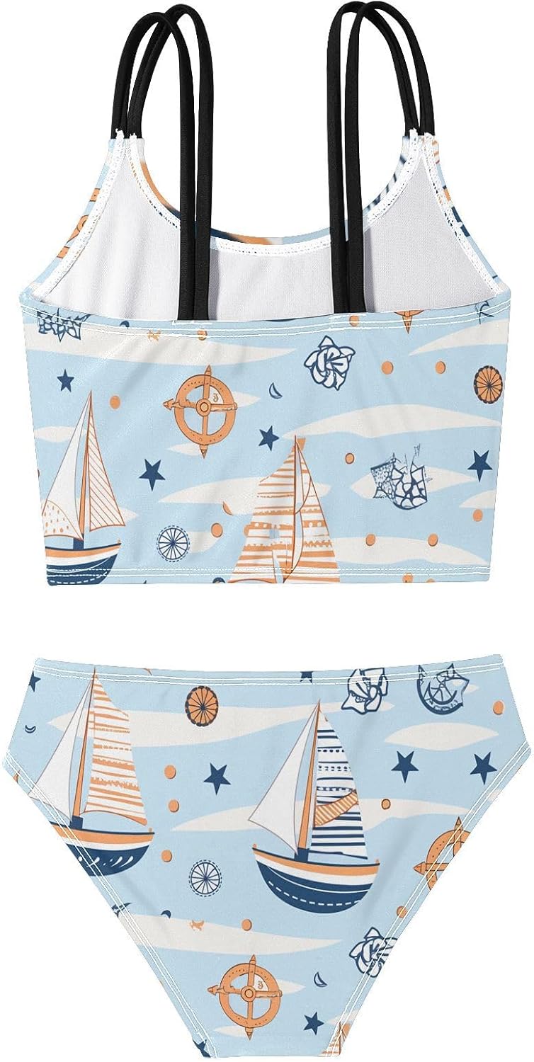 visesunny Girls Two Piece Swimsuits Blue Cartoon Boat Girl's Bikini Sets Bathing Suits for Girls Size 5-12Y
